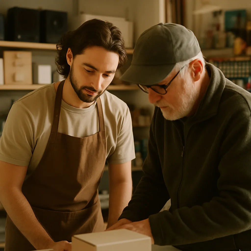 A shop assistant helping a customer at the counter