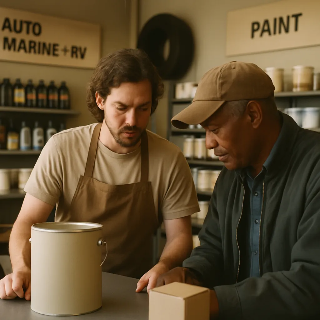 A shop assistant helping a customer at the counter