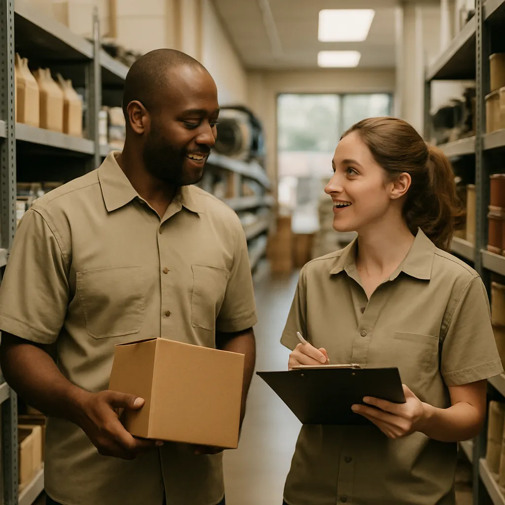 Two colleagues checking stock together in the aisle
