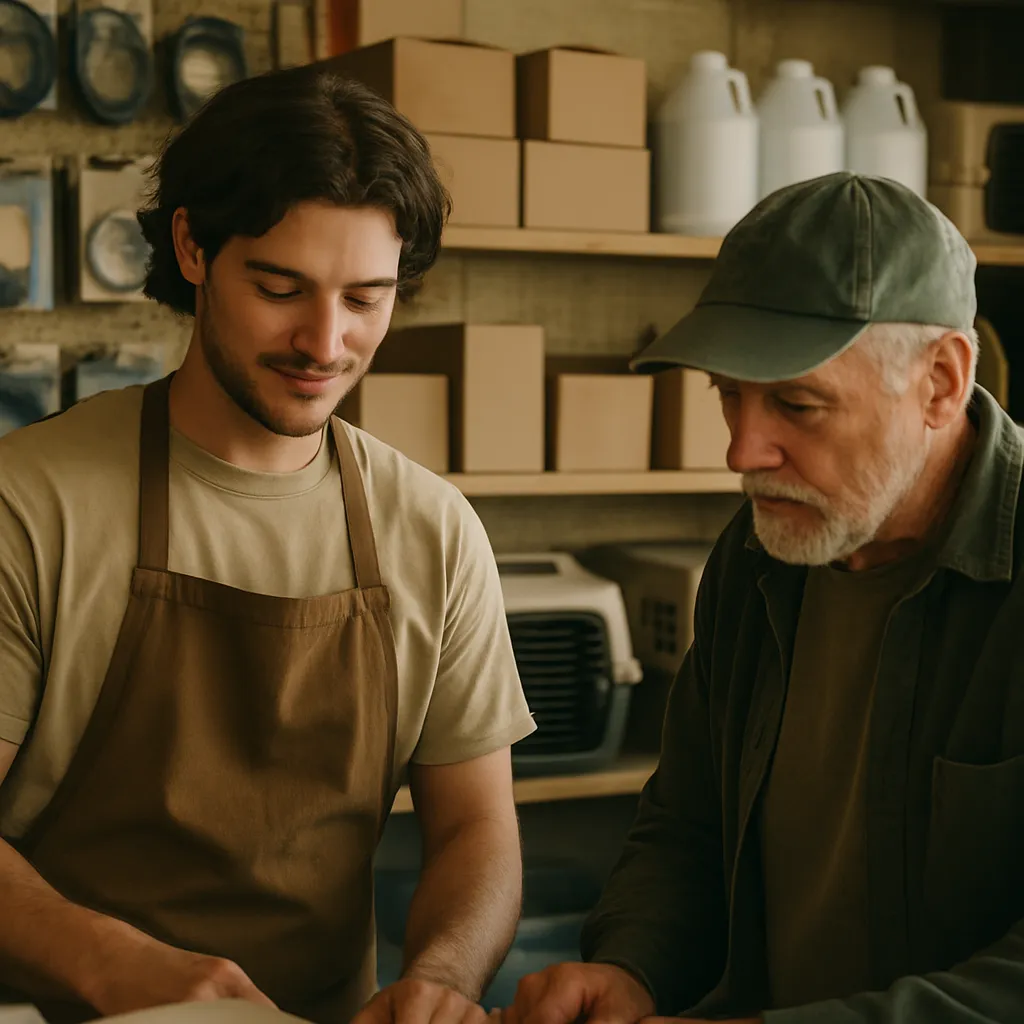 A shop assistant helping a customer at the counter