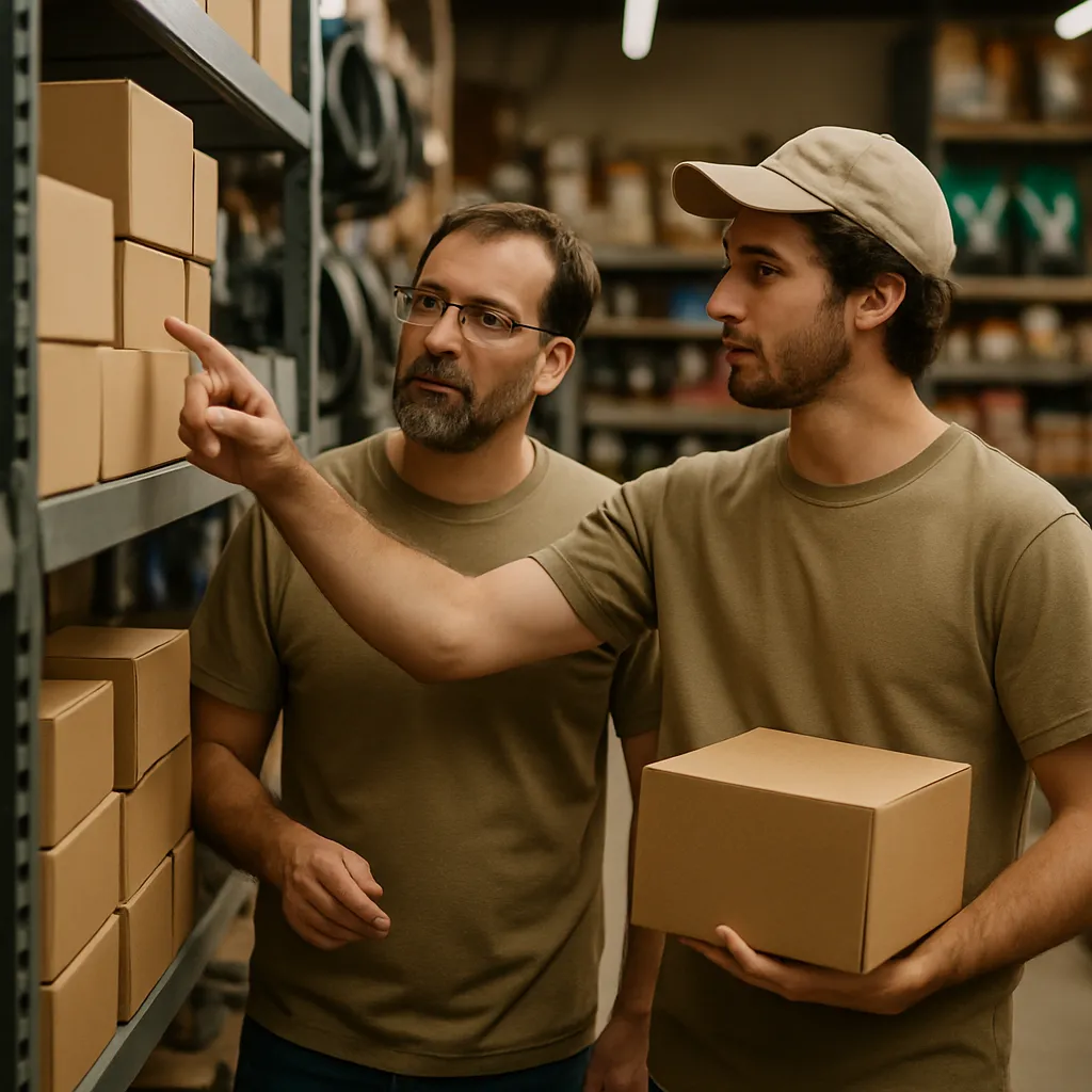 Two colleagues checking stock together in the aisle