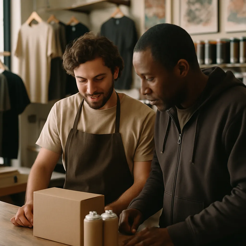 A shop assistant helping a customer at the counter