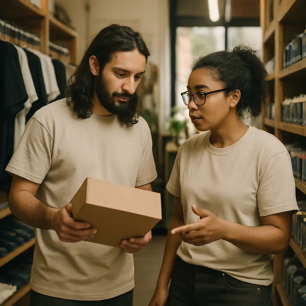 Two colleagues checking stock together in the aisle