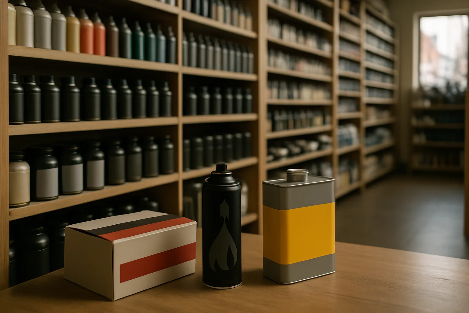 The shop floor of an independent apparel and art/spray paint shop in Aurora, CO