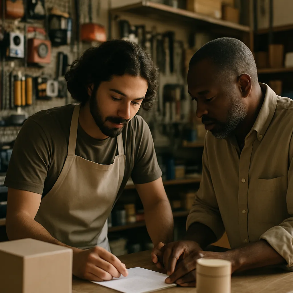 A shop assistant helping a customer at the counter