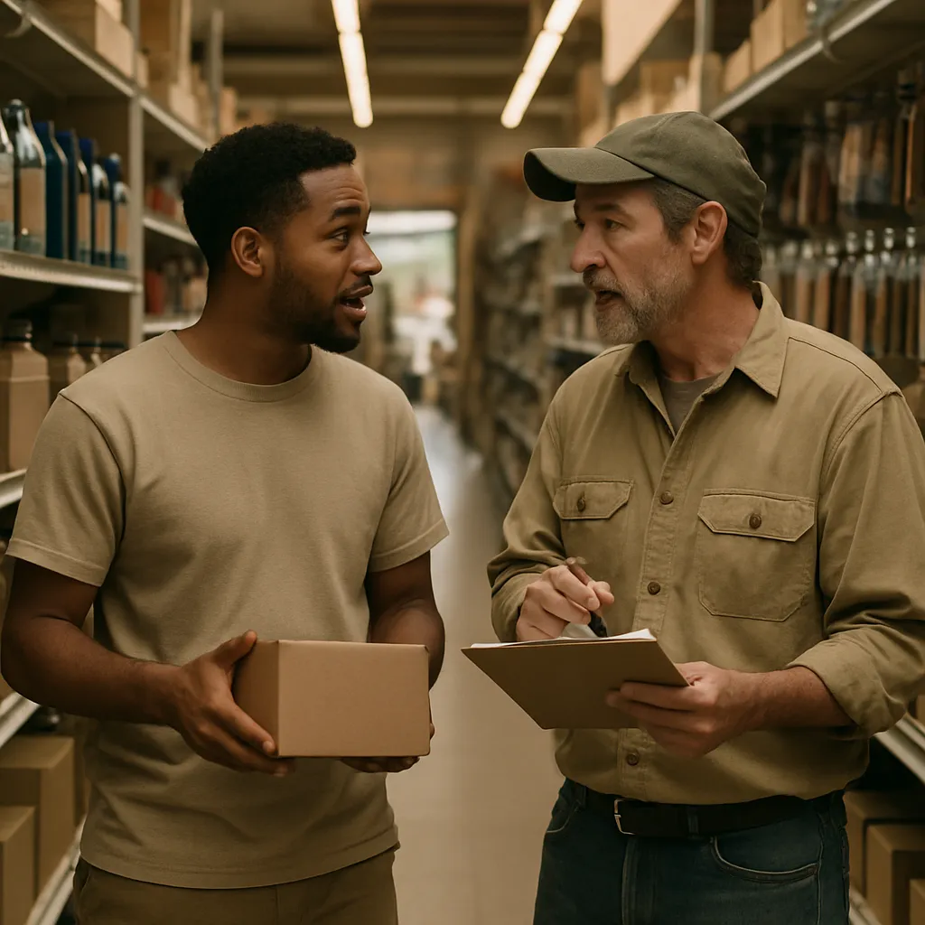 Two colleagues checking stock together in the aisle