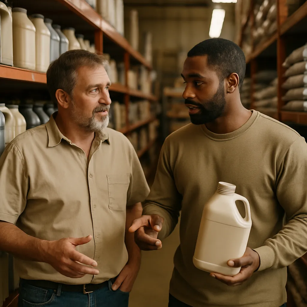Two colleagues checking stock together in the aisle