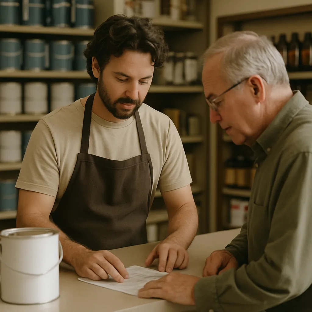 A shop assistant helping a customer at the counter
