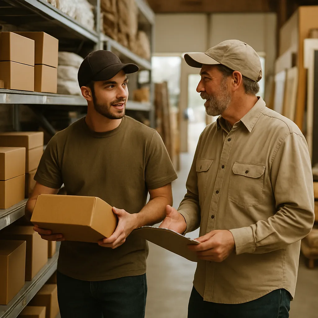 Two colleagues checking stock together in the aisle
