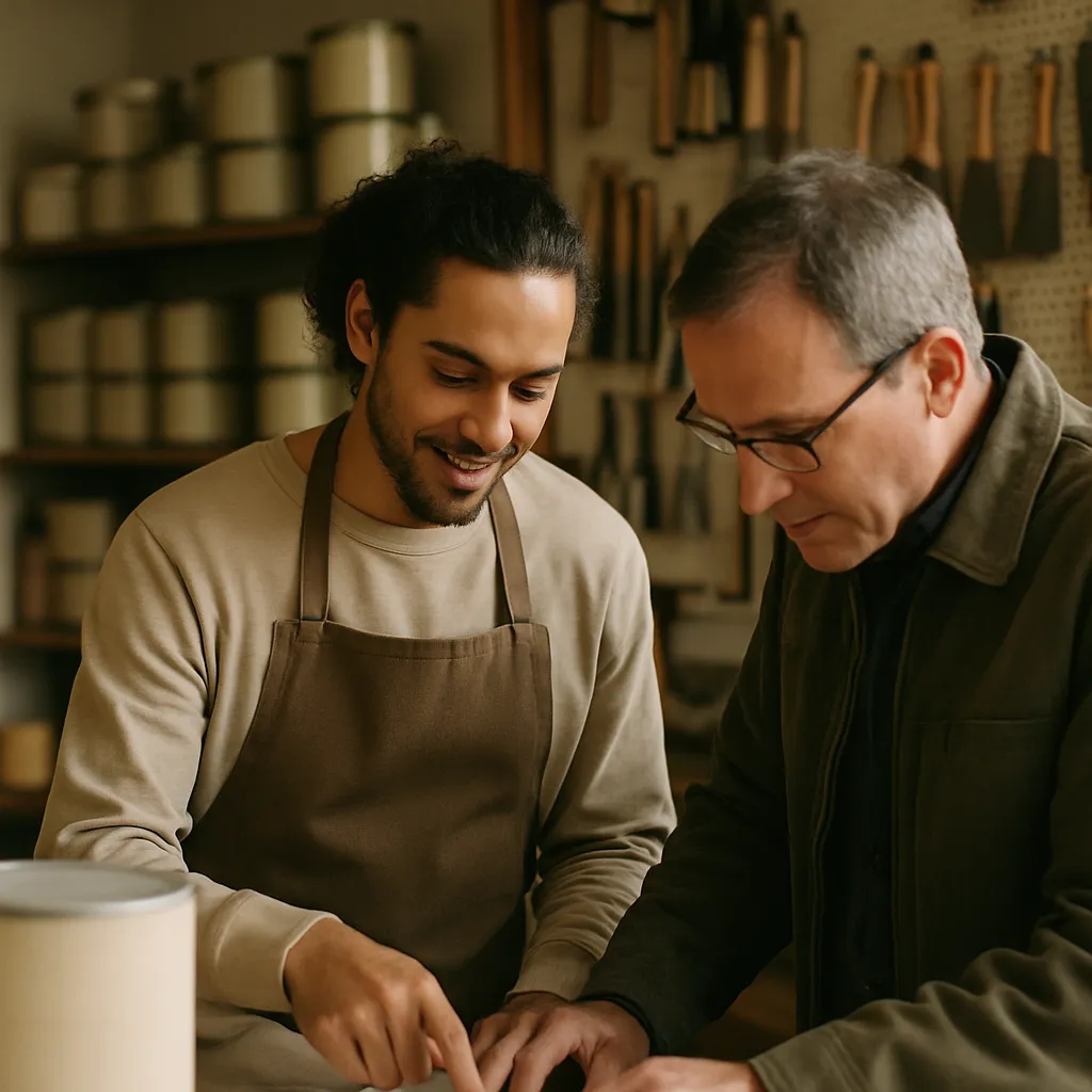 A shop assistant helping a customer at the counter
