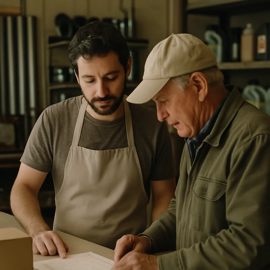 A shop assistant helping a customer at the counter