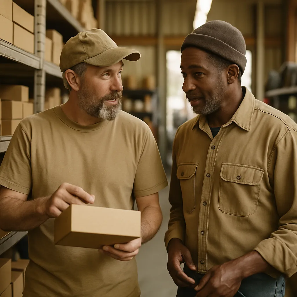 Two colleagues checking stock together in the aisle