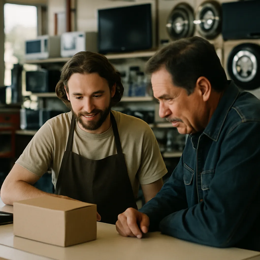 A shop assistant helping a customer at the counter