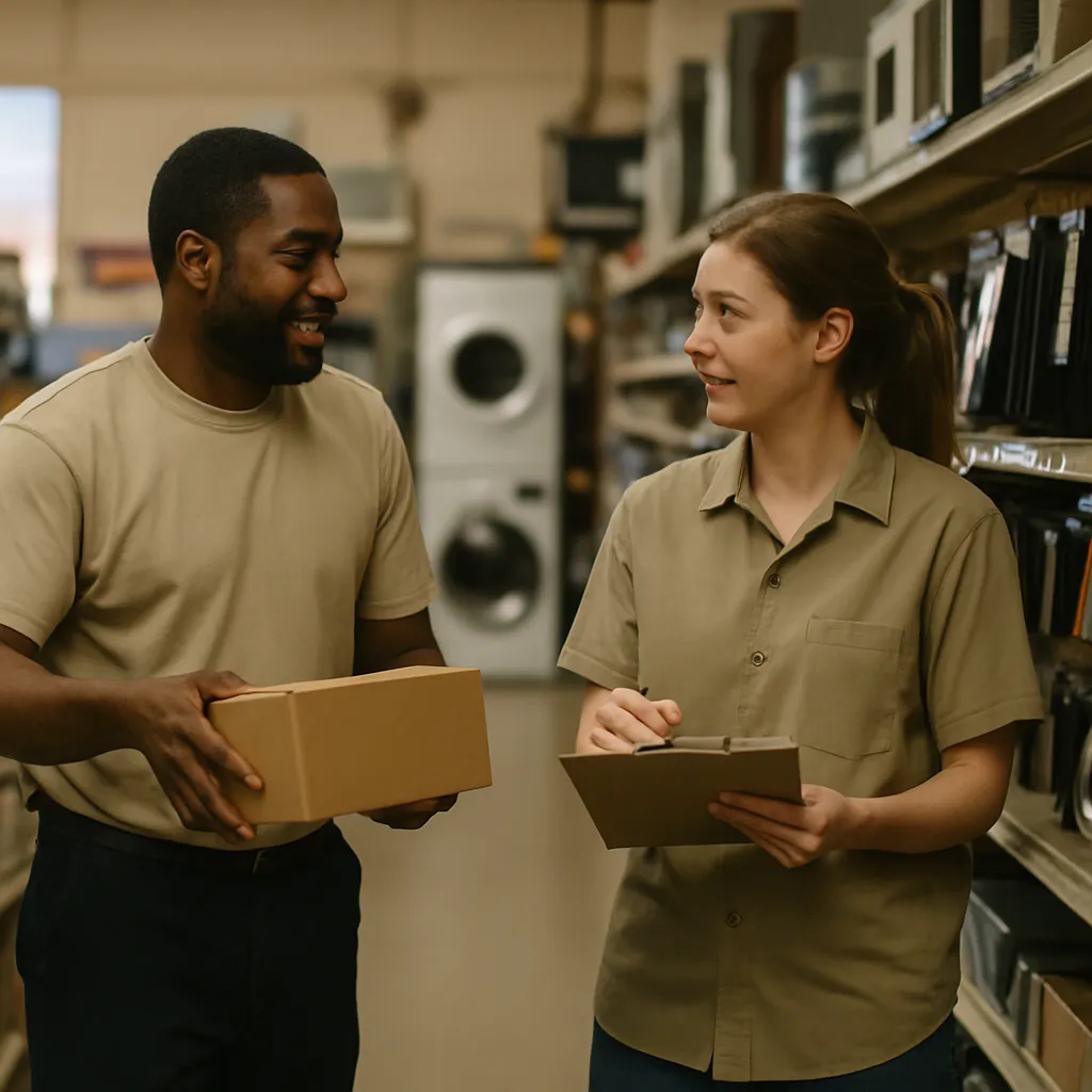Two colleagues checking stock together in the aisle