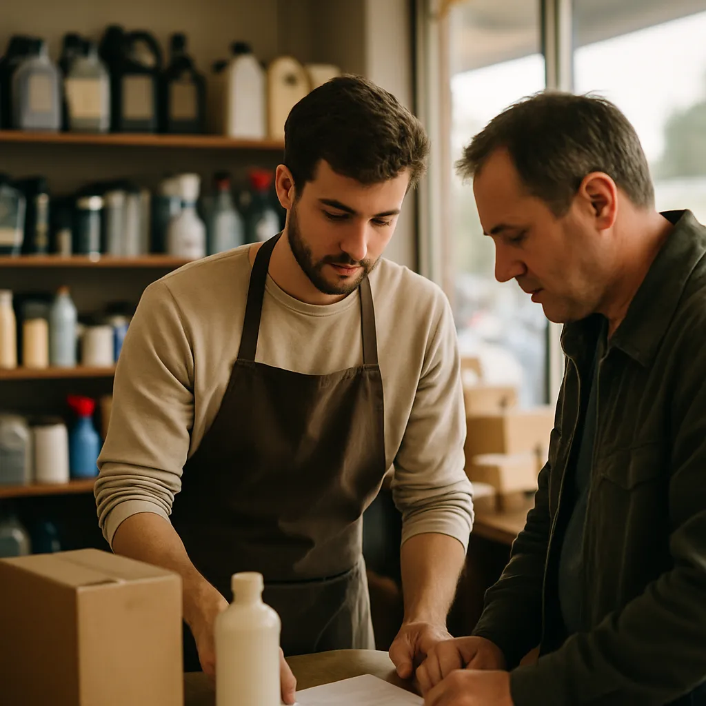 A shop assistant helping a customer at the counter