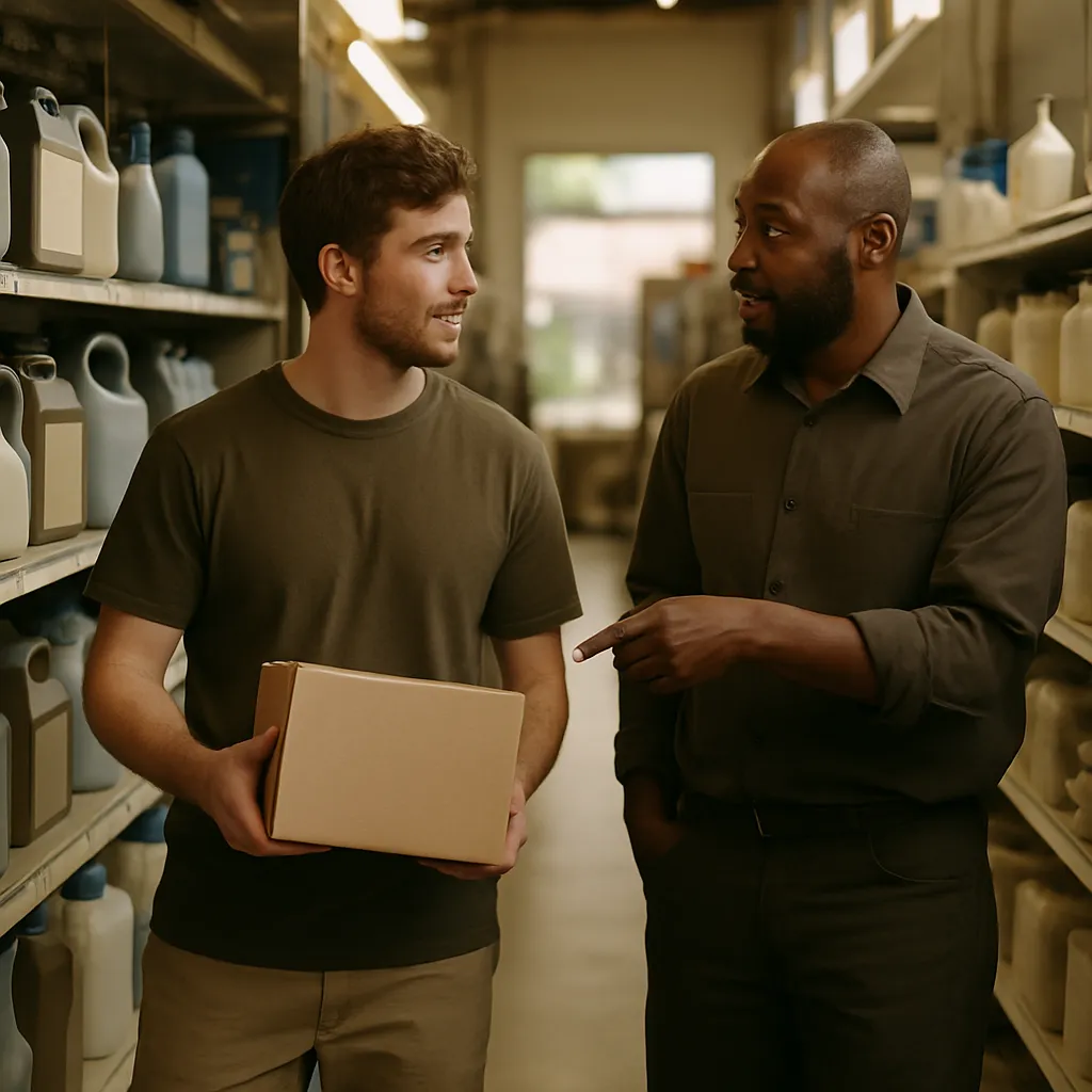 Two colleagues checking stock together in the aisle