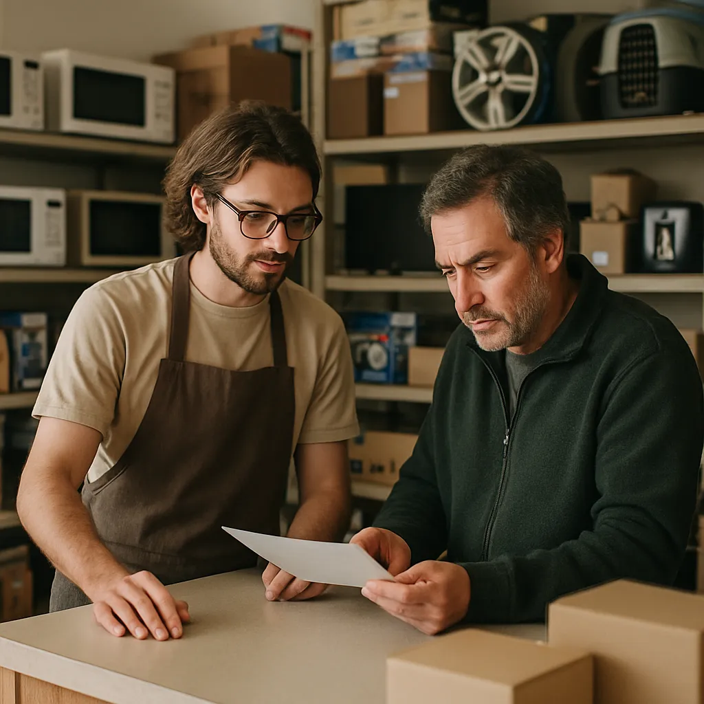 A shop assistant helping a customer at the counter