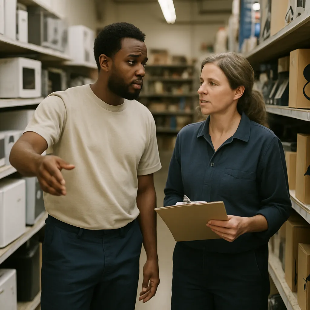 Two colleagues checking stock together in the aisle