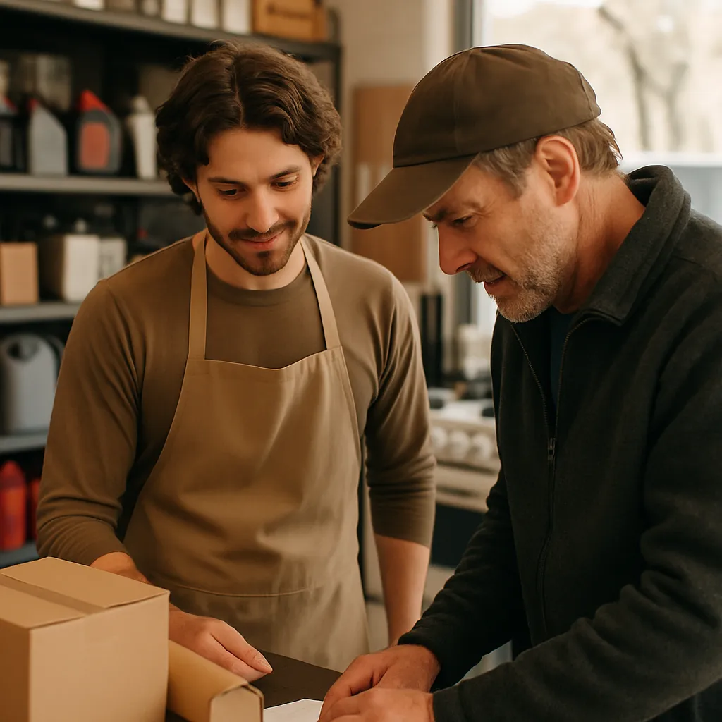 A shop assistant helping a customer at the counter