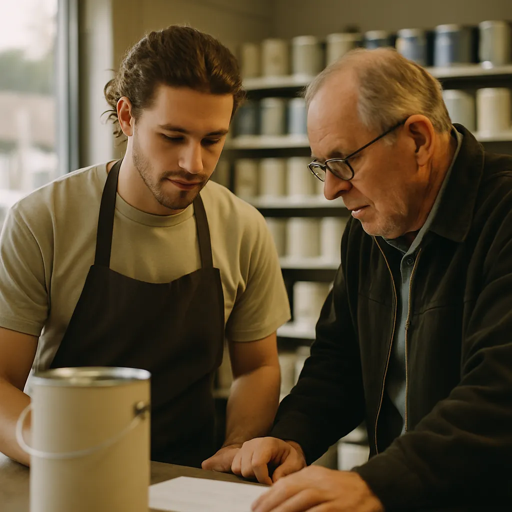 A shop assistant helping a customer at the counter