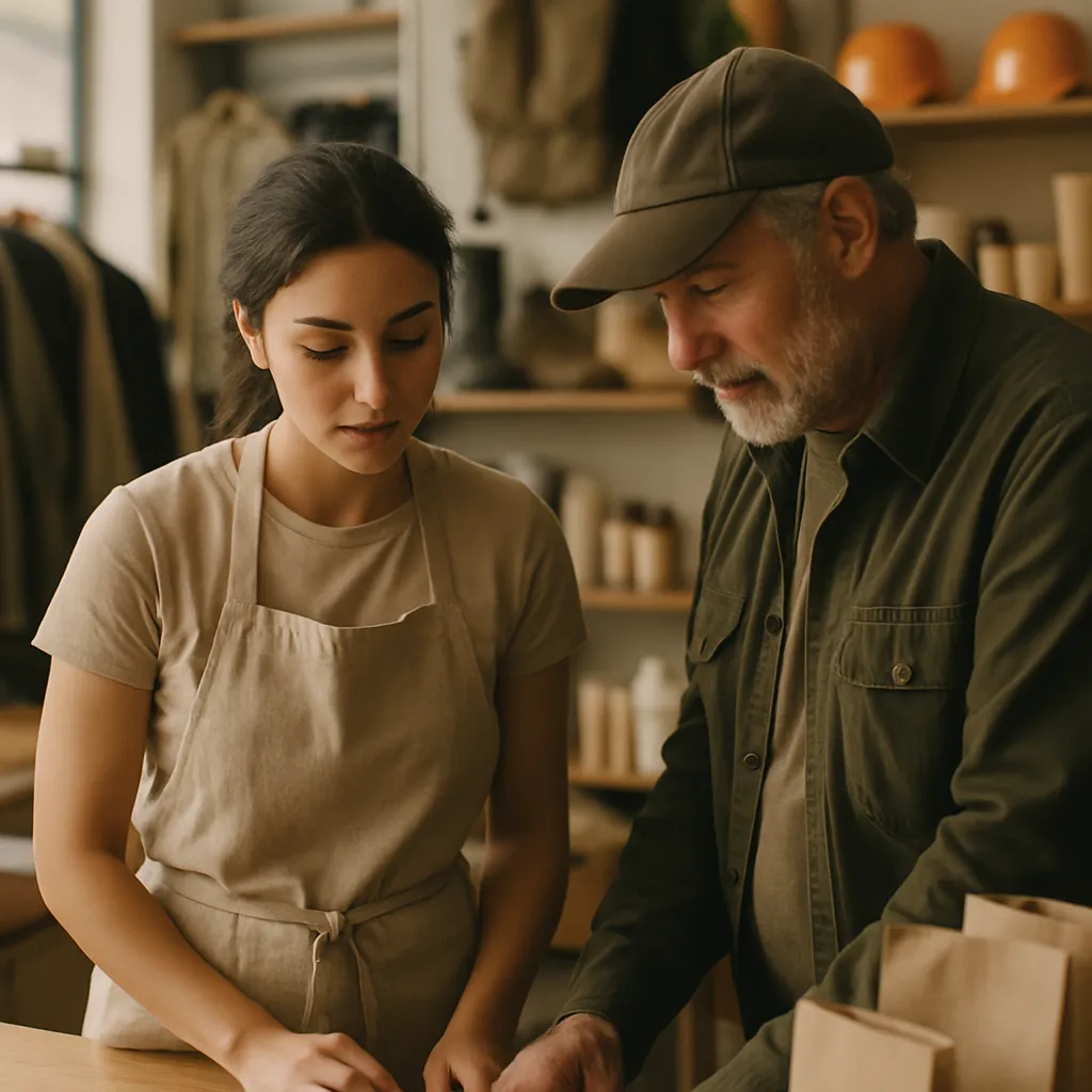 A shop assistant helping a customer at the counter