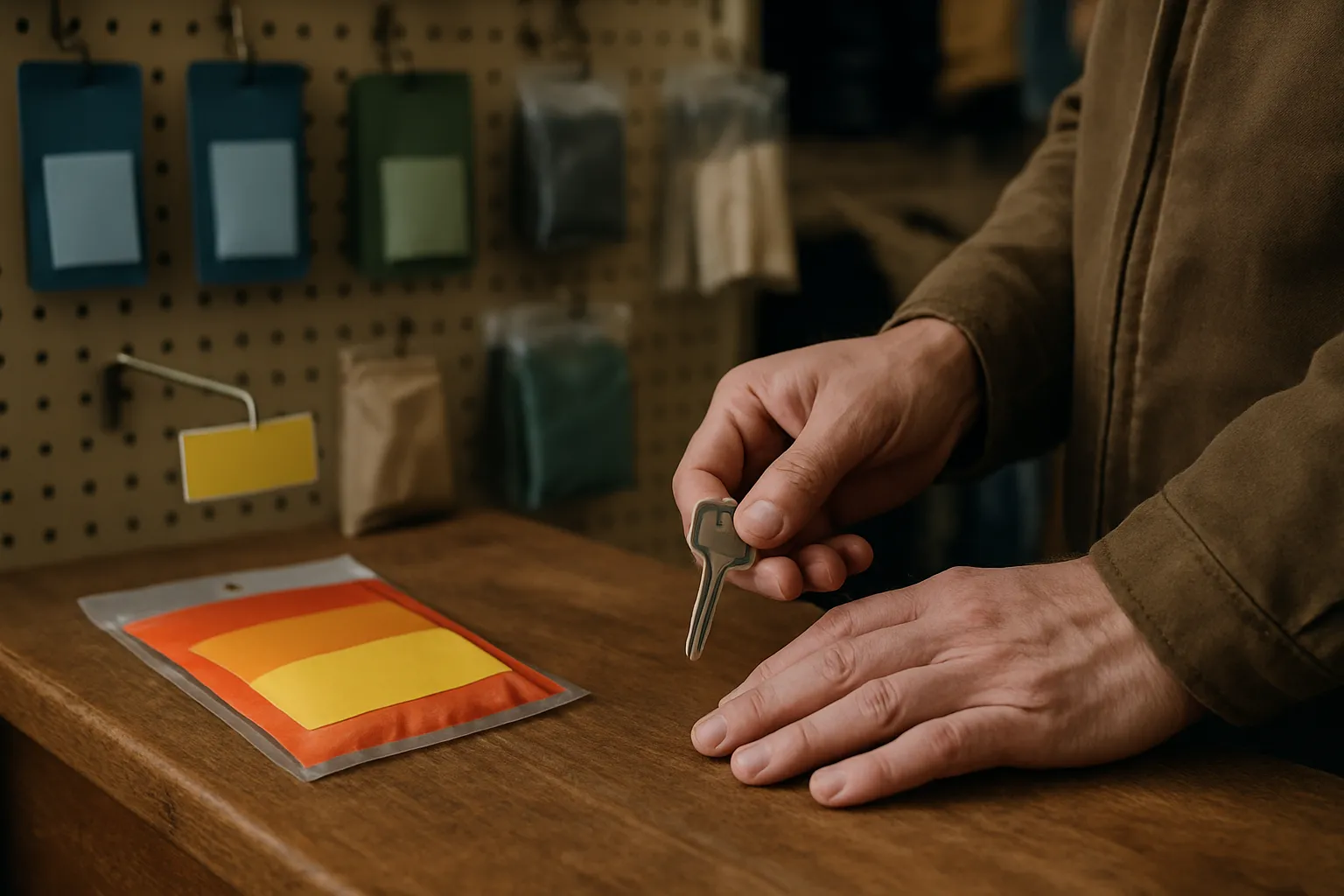 The service counter of an independent apparel / clothing / safety gear / personal care shop in Delmont, PA