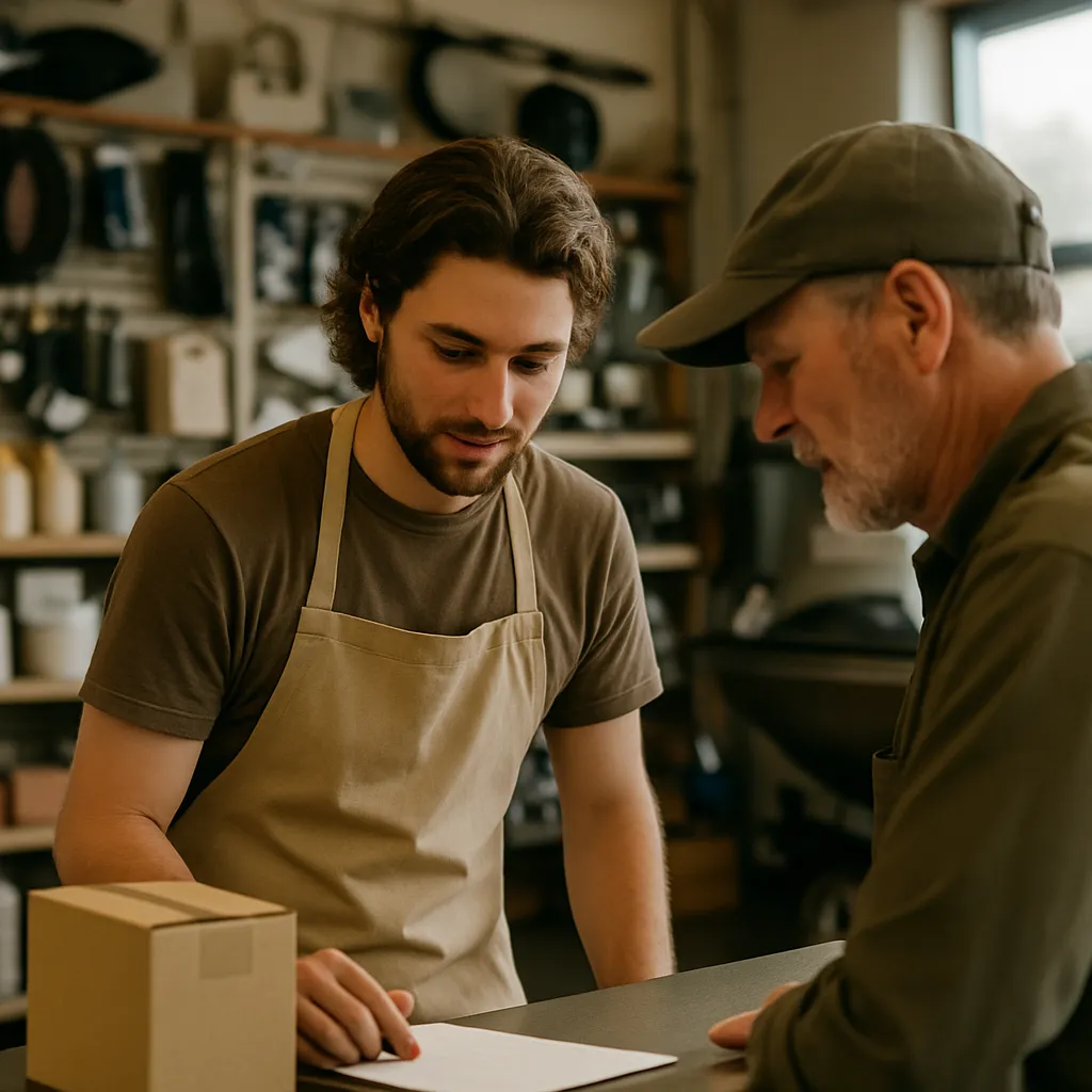 A shop assistant helping a customer at the counter