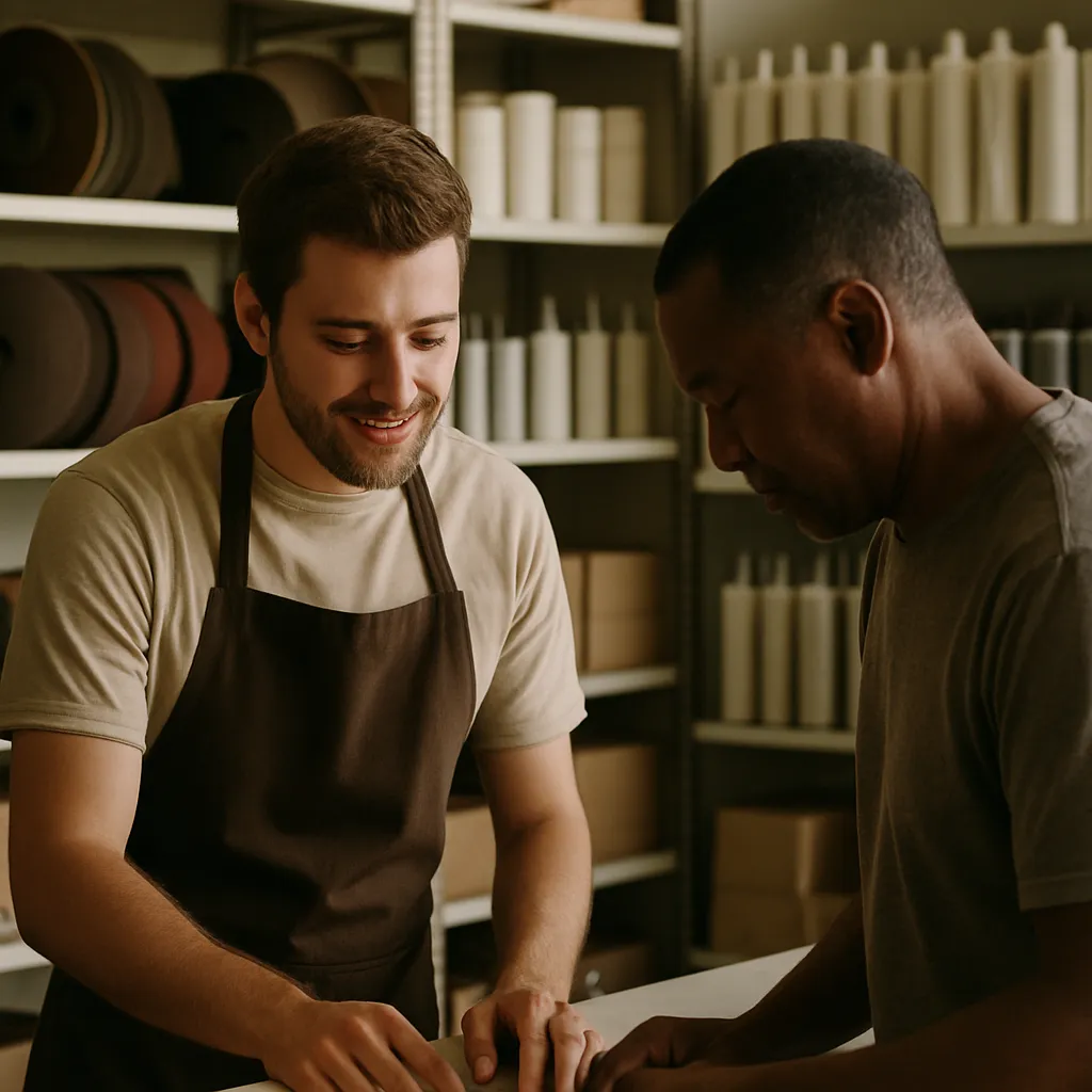 A shop assistant helping a customer at the counter