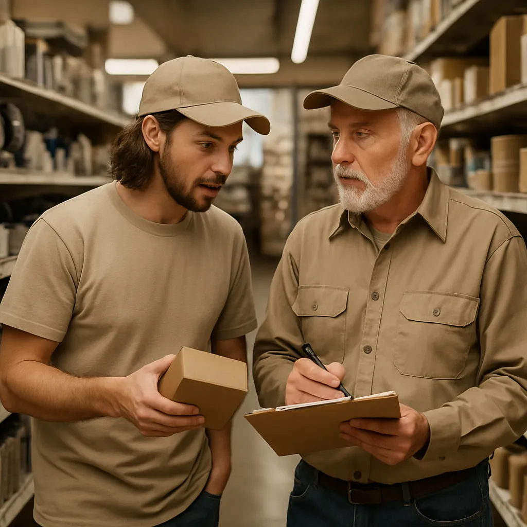 Two colleagues checking stock together in the aisle