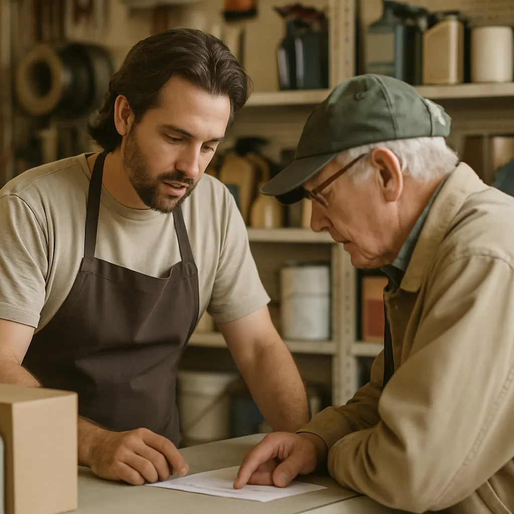 A shop assistant helping a customer at the counter