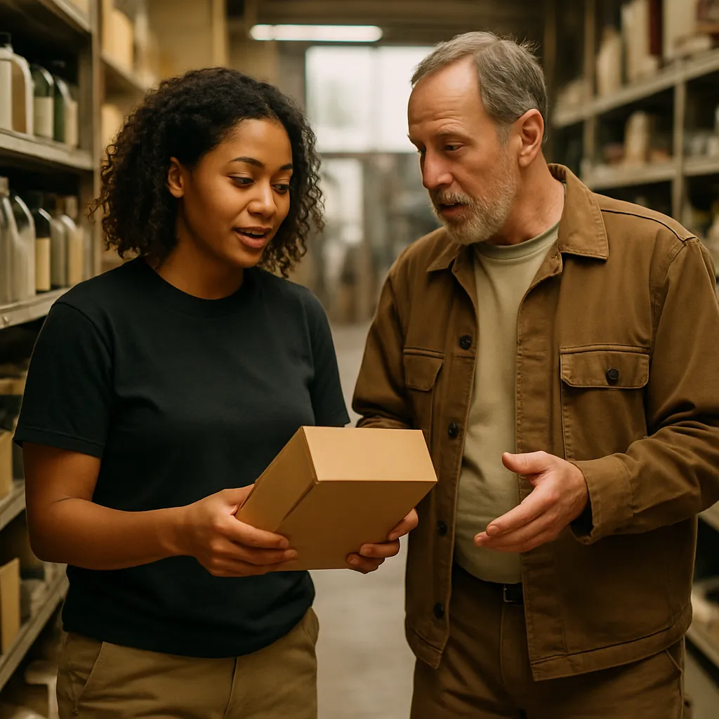 Two colleagues checking stock together in the aisle