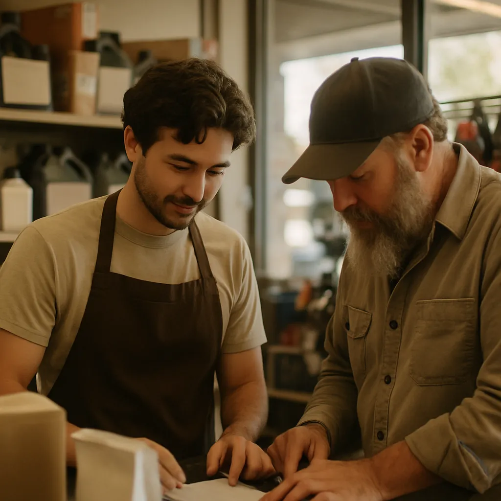 A shop assistant helping a customer at the counter