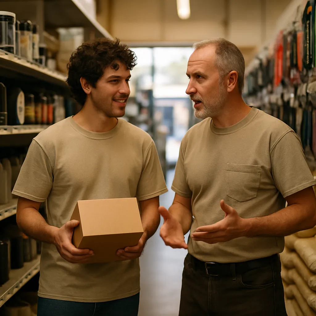 Two colleagues checking stock together in the aisle