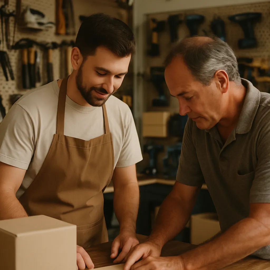 A shop assistant helping a customer at the counter