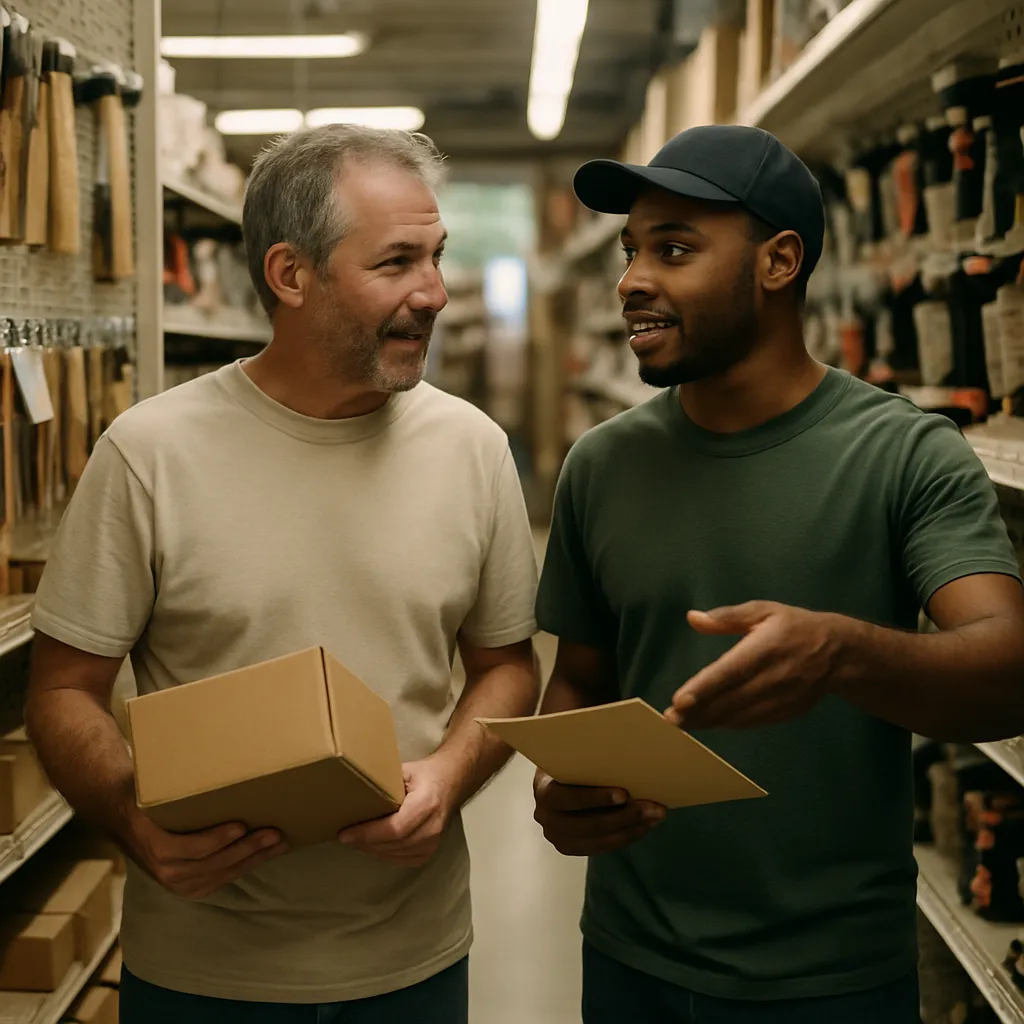 Two colleagues checking stock together in the aisle