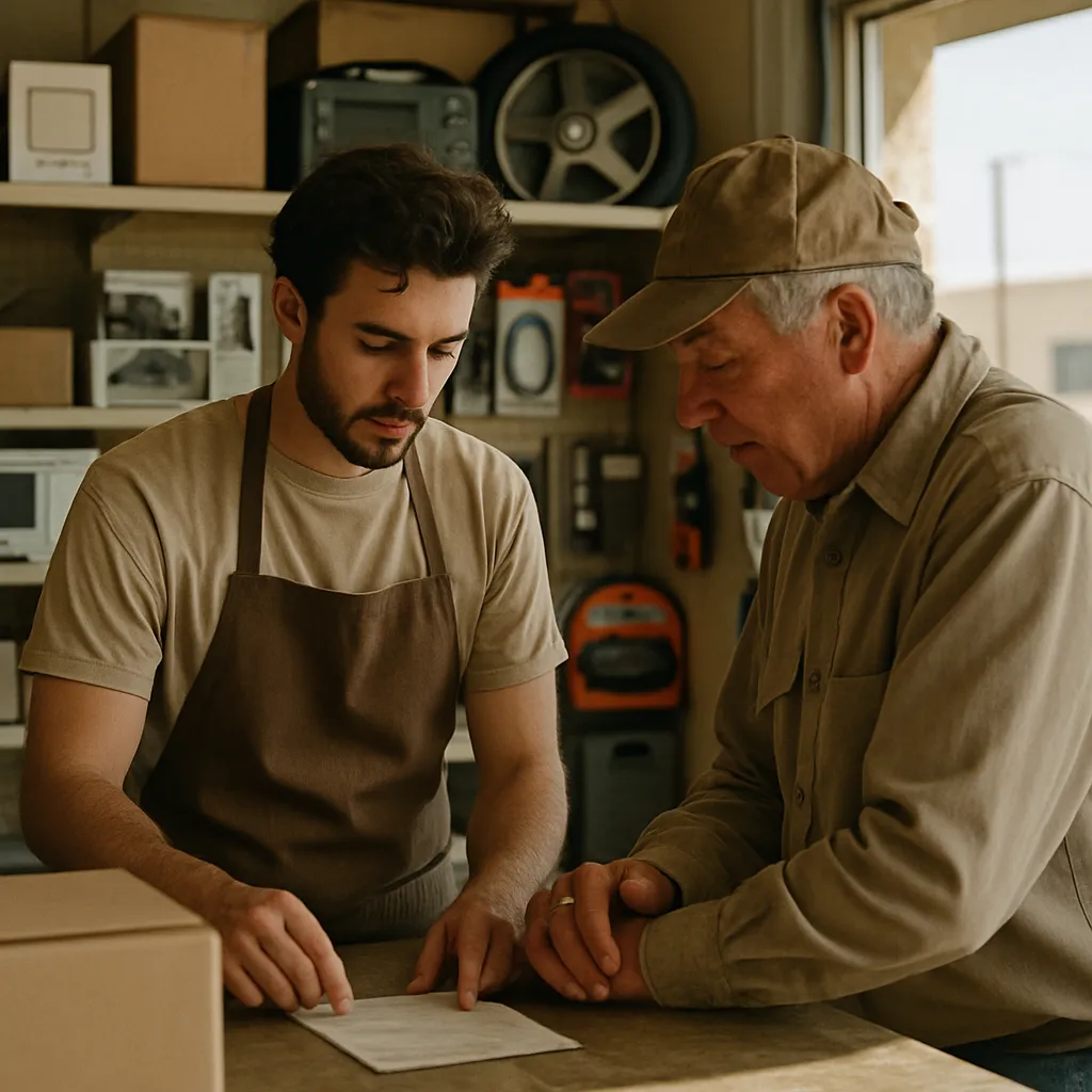 A shop assistant helping a customer at the counter