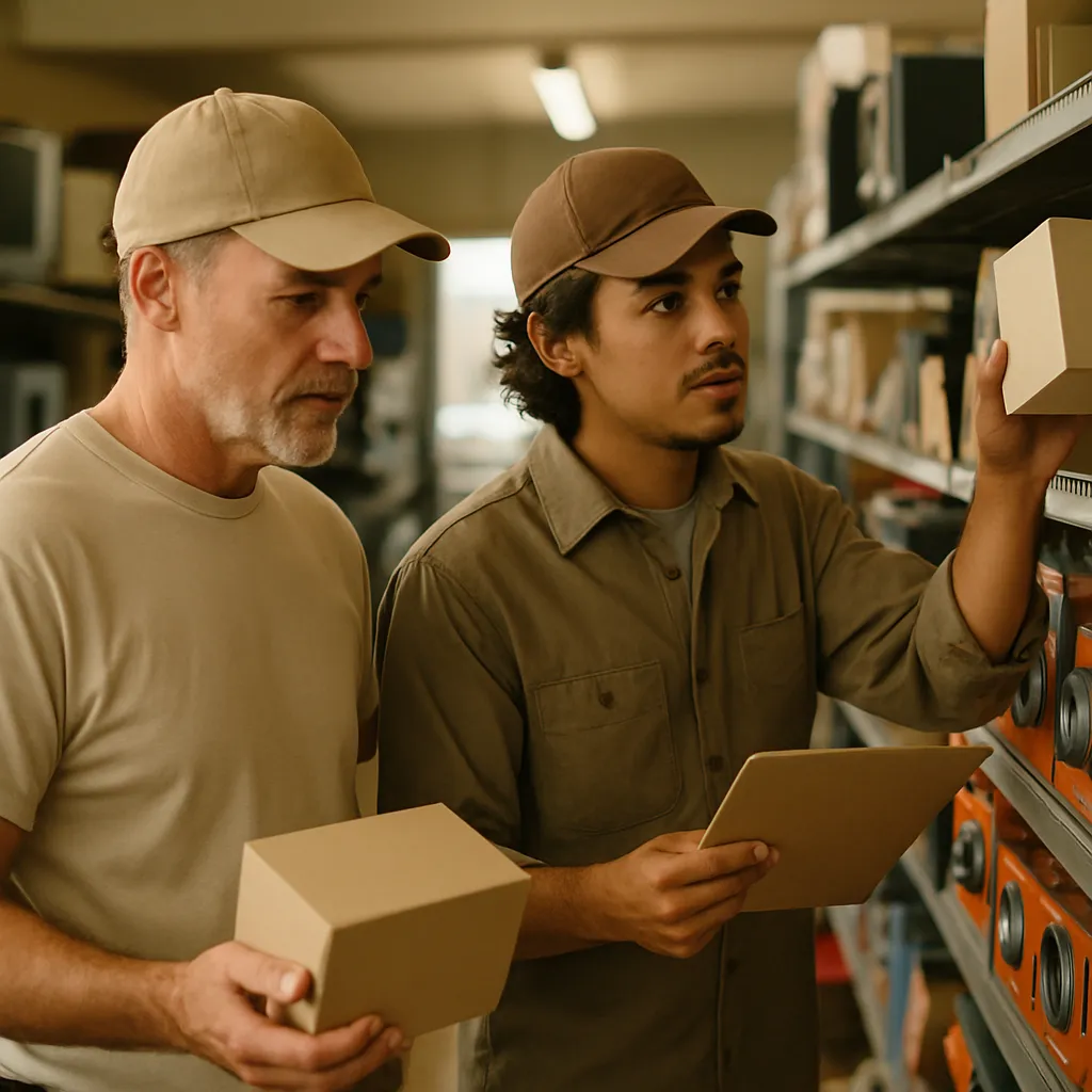 Two colleagues checking stock together in the aisle