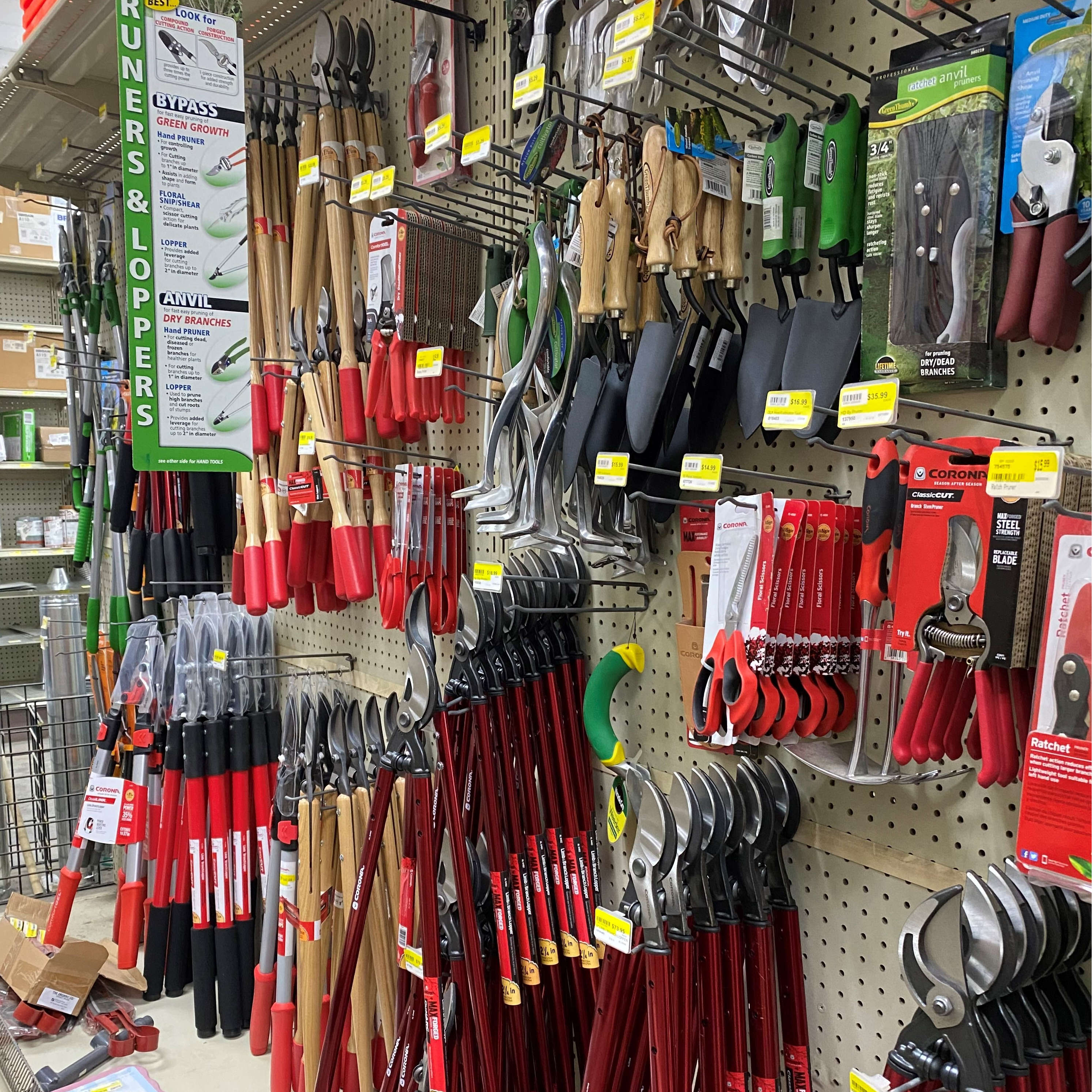 corona loppers, shears, hoes, saws, brooms hand pruners and scissors