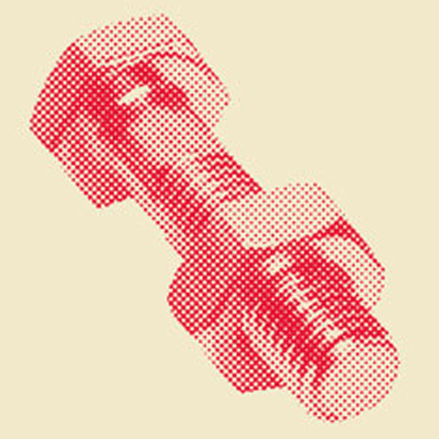 Halftone image of red nut and bolt on tan background