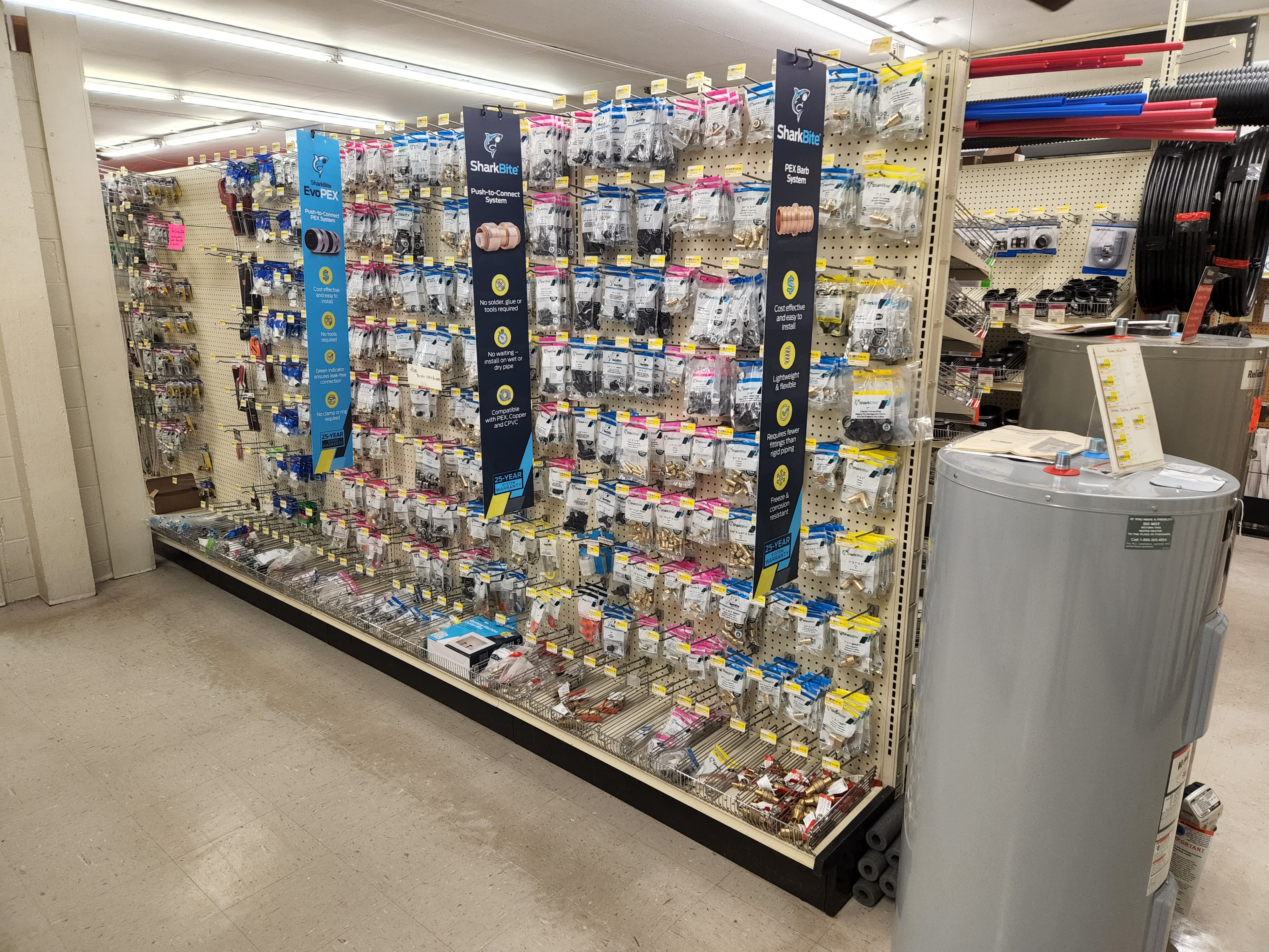 Our Plumbing Dept offers the latest in Shark Bite fittings and all the parts needed to finish a project.