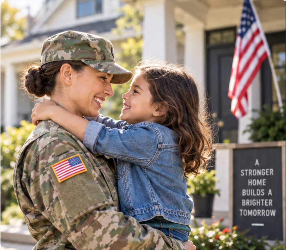 Service member in uniform holding her daughter outside their home
