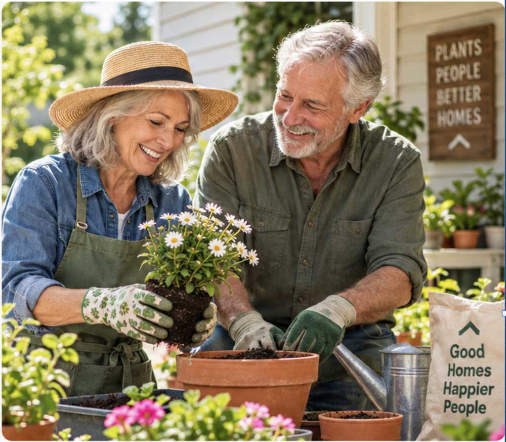 Older couple potting flowers together on their porch