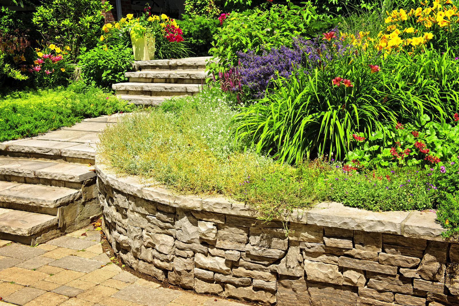 Natural stone landscaping in a backyard