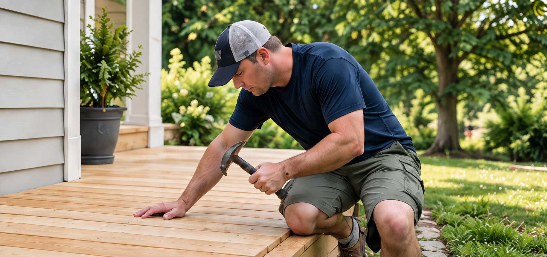 Homeowner working on a wooden deck