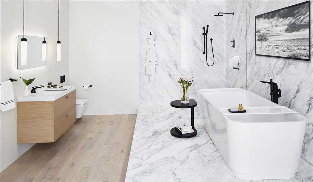 Bright, modern bathroom with a freestanding soaking tub