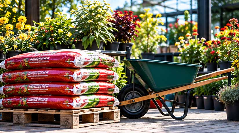 Garden center with plants and a wheelbarrow