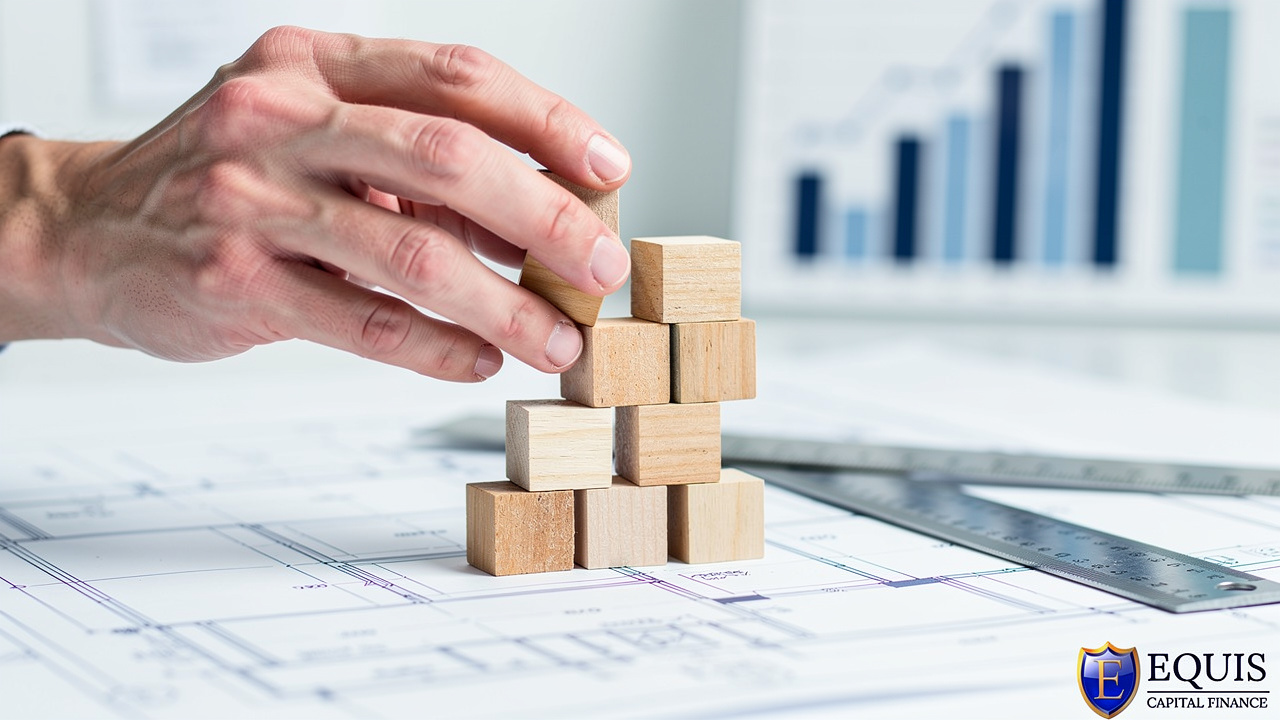 Hands carefully stacking layered blocks representing capital structure