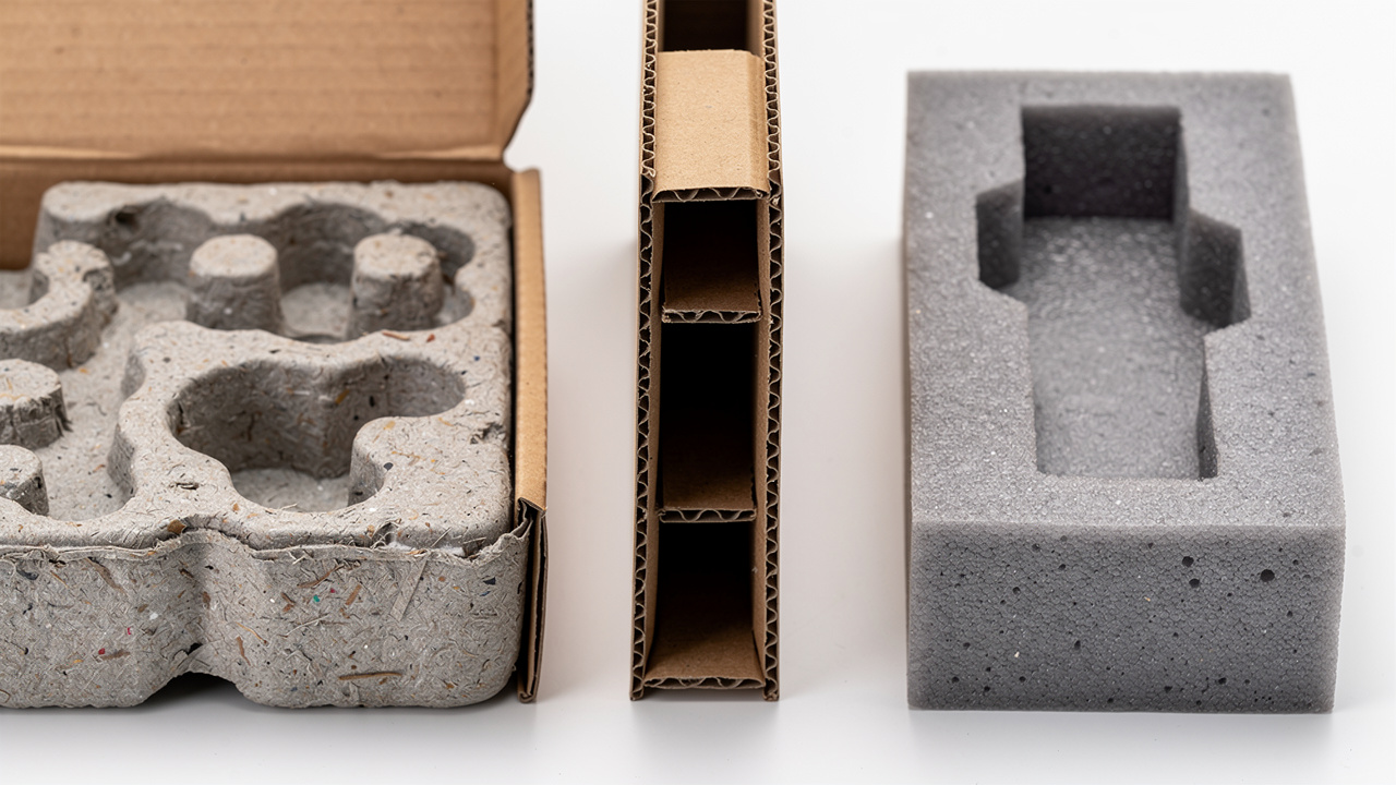 Foam, cardboard, and molded pulp packaging insert materials