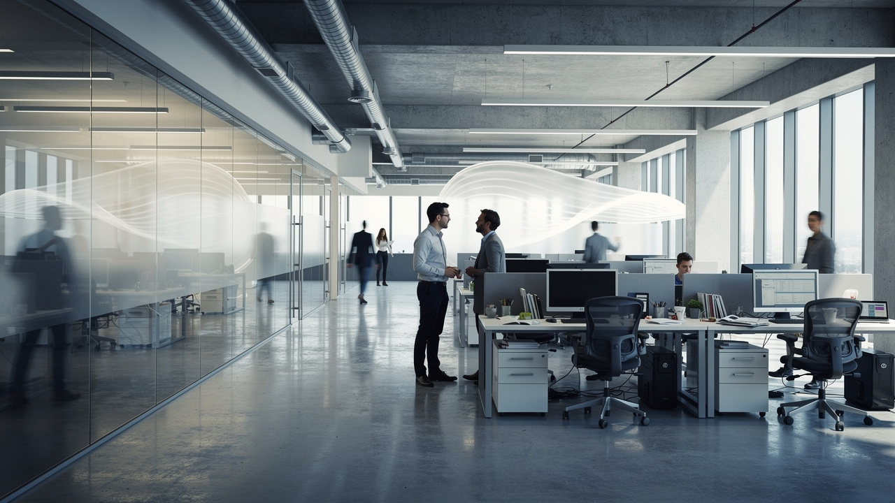 Open-plan office with hard reflective surfaces causing noise