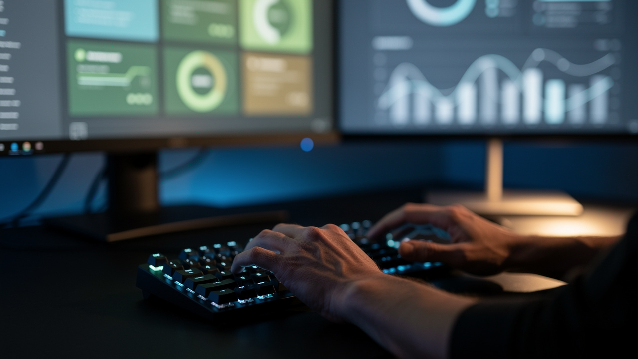 Developer monitoring security and performance dashboards at night